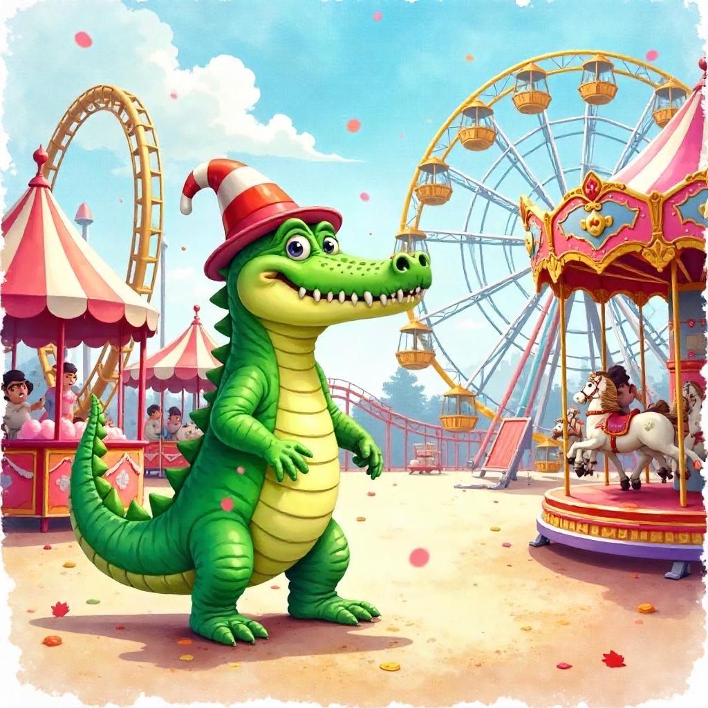Watercolor Crocodile in an Amusement Park