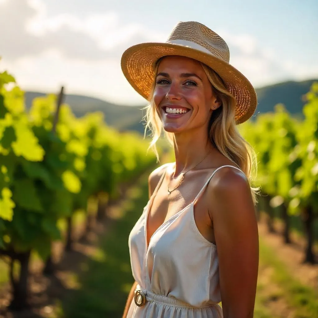Cheerful White Woman in a Sunlit Vineyard