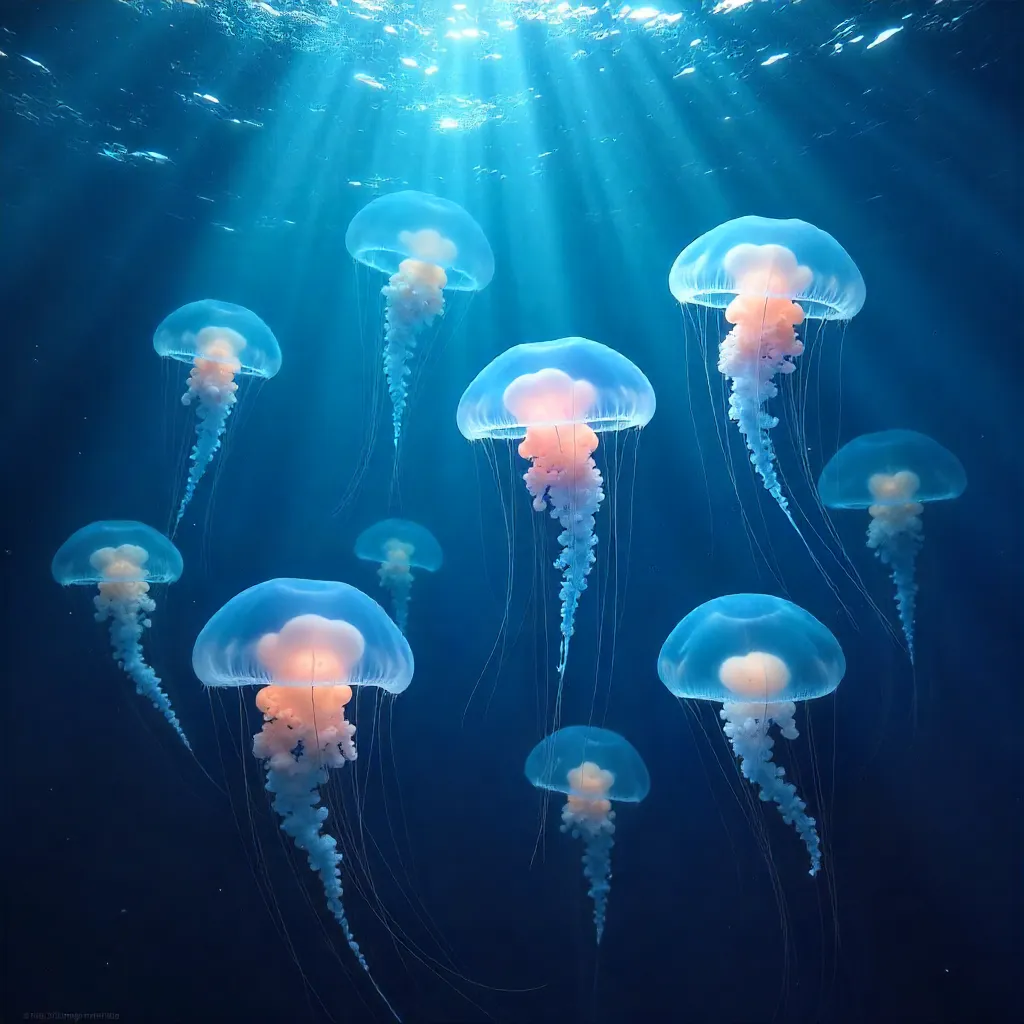 Glowing Swarm of Jellyfish, Serene Ocean Ballet
