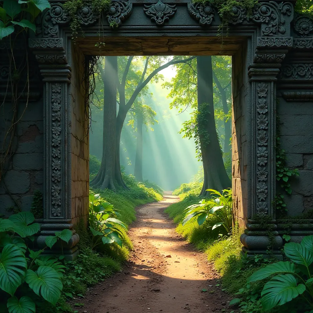 Serene Forest Path Framed by Khmer Window