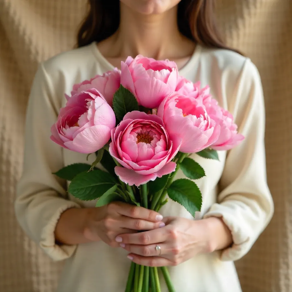 Anonymous Female Crop with Pink Flowers on Beige Waffle