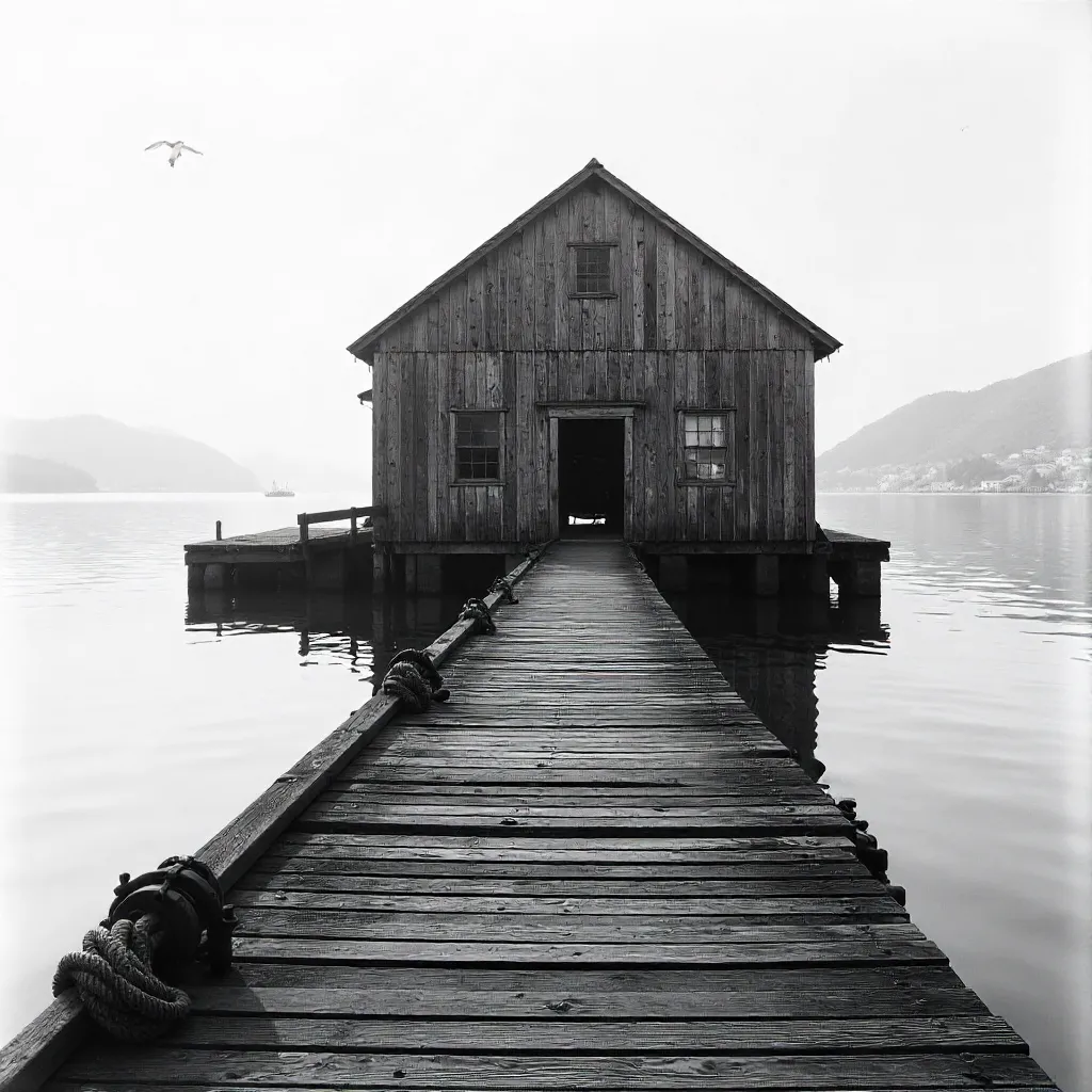 Monochrome Serenity: Rustic Waterfront Warehouse at Dusk