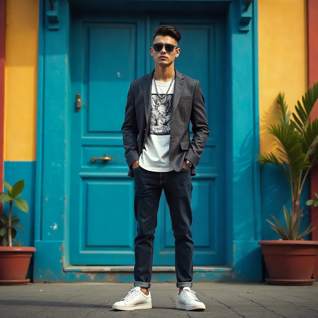 Urban Chic in Front of a Vibrant Blue Door, Colombia