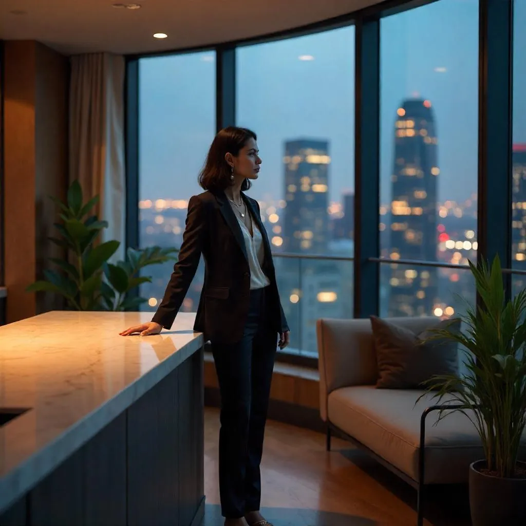 Photorealistic Indian Woman in a City Penthouse