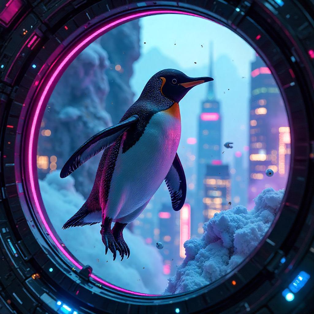 Zero-Gravity Penguin in Neon Cyberpunk