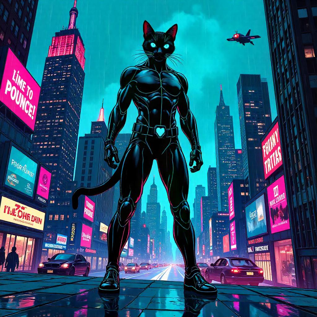 Neon Cat Hero in a Futuristic City