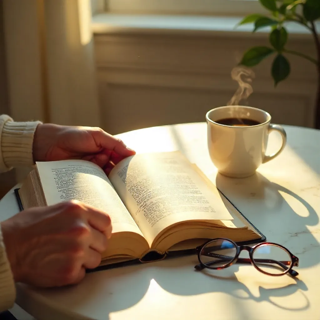 Morning Serenity: Hands, Book, and Coffee on Marble
