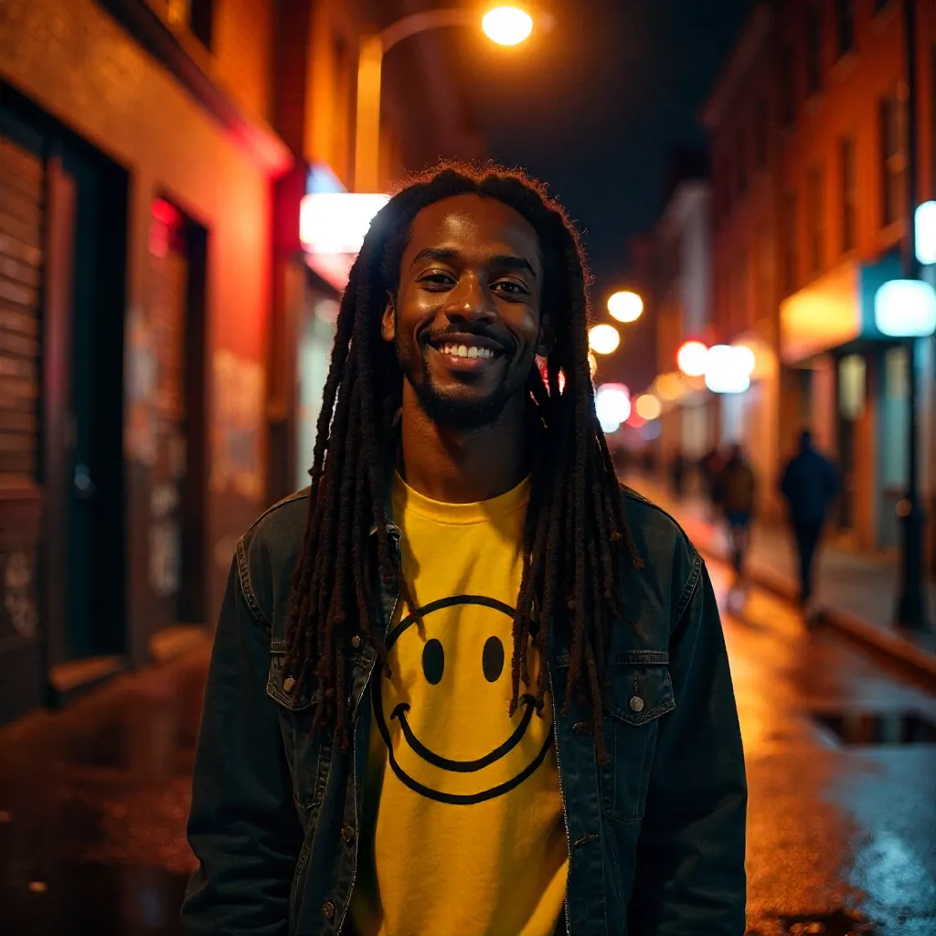 Smiling Dreadlocks Under Neon Streetlight