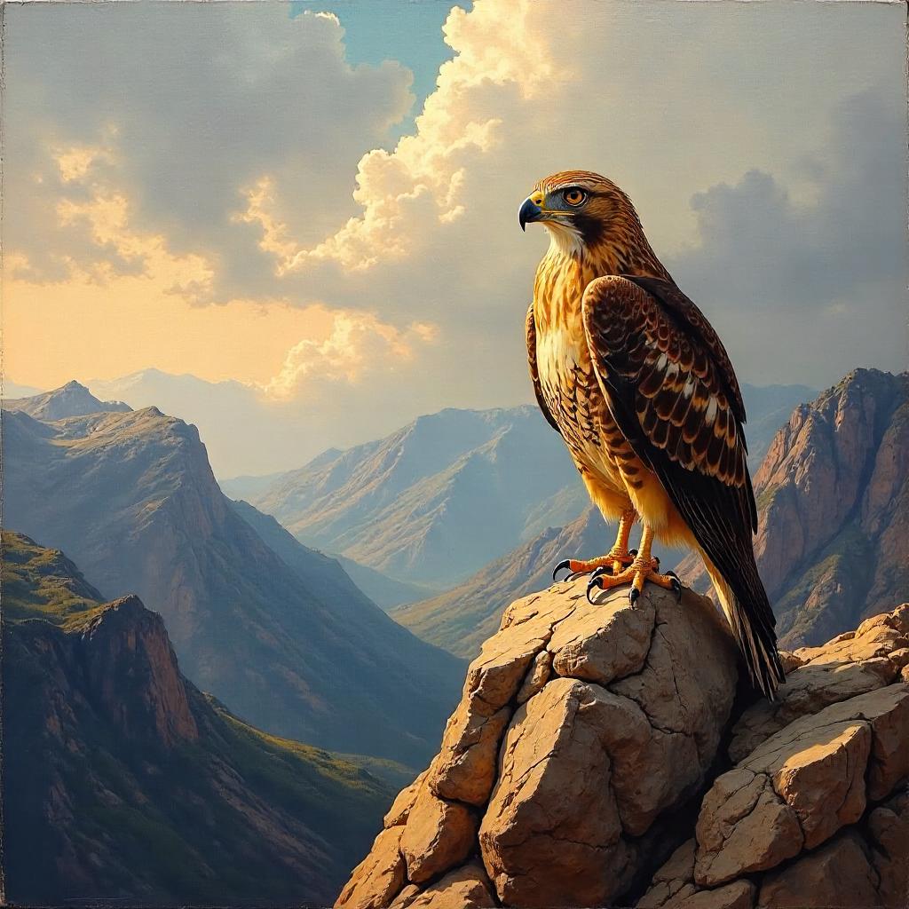 Hawk on a Rocky Outcrop in Oil Painting