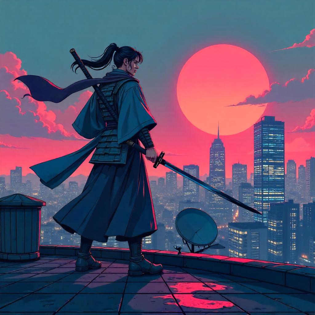Vibrant Cartoon Samurai Standing on a Rooftop