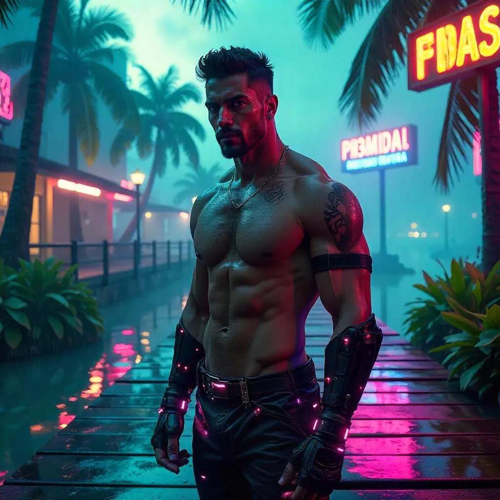 Strong Latino Cyborg in a Tropical Neon Paradise
