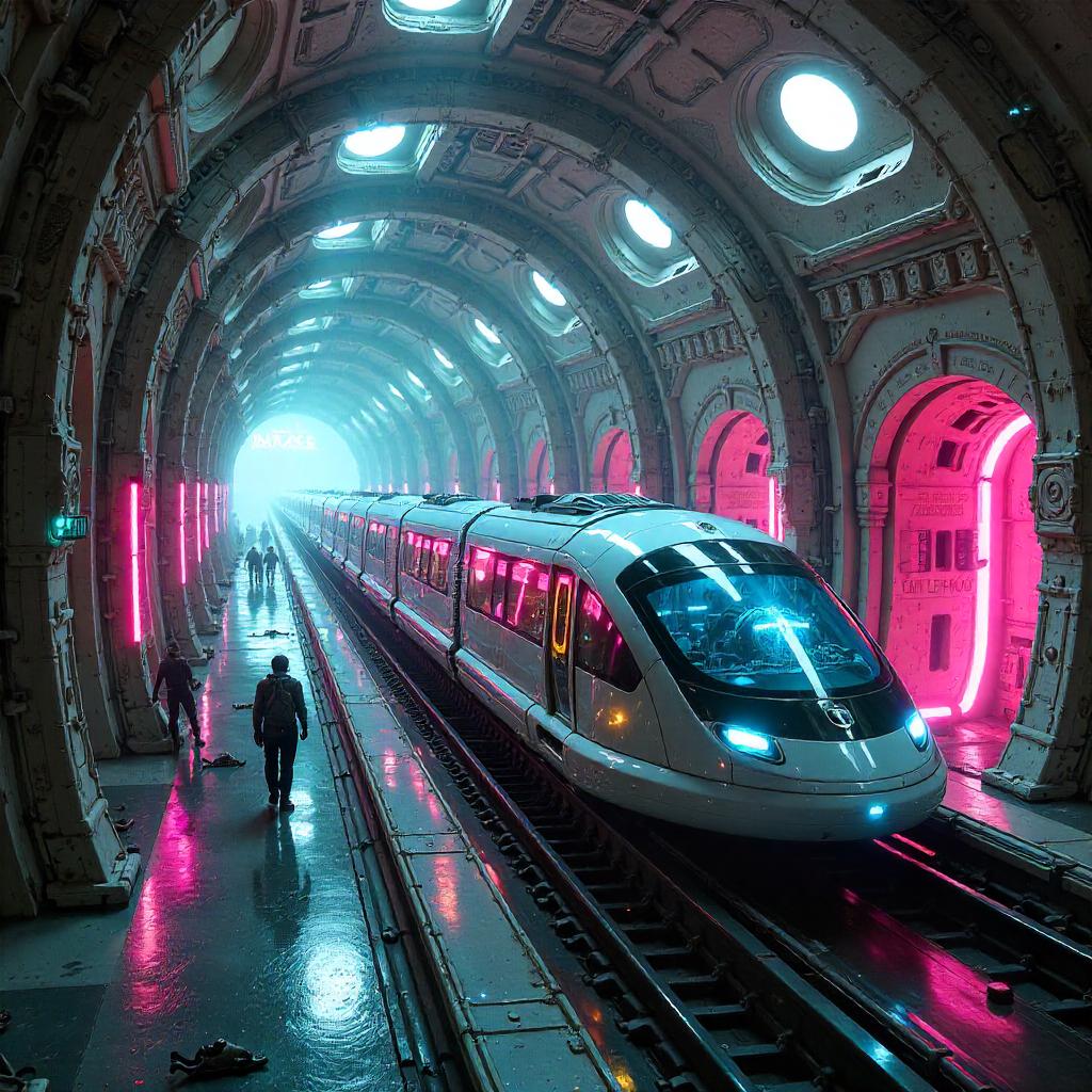 Neon Monorail Inside an Alien Vessel
