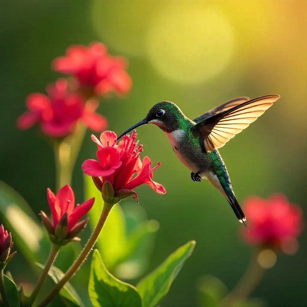 Anna's Hummingbird Feeding on Red Garden Blooms