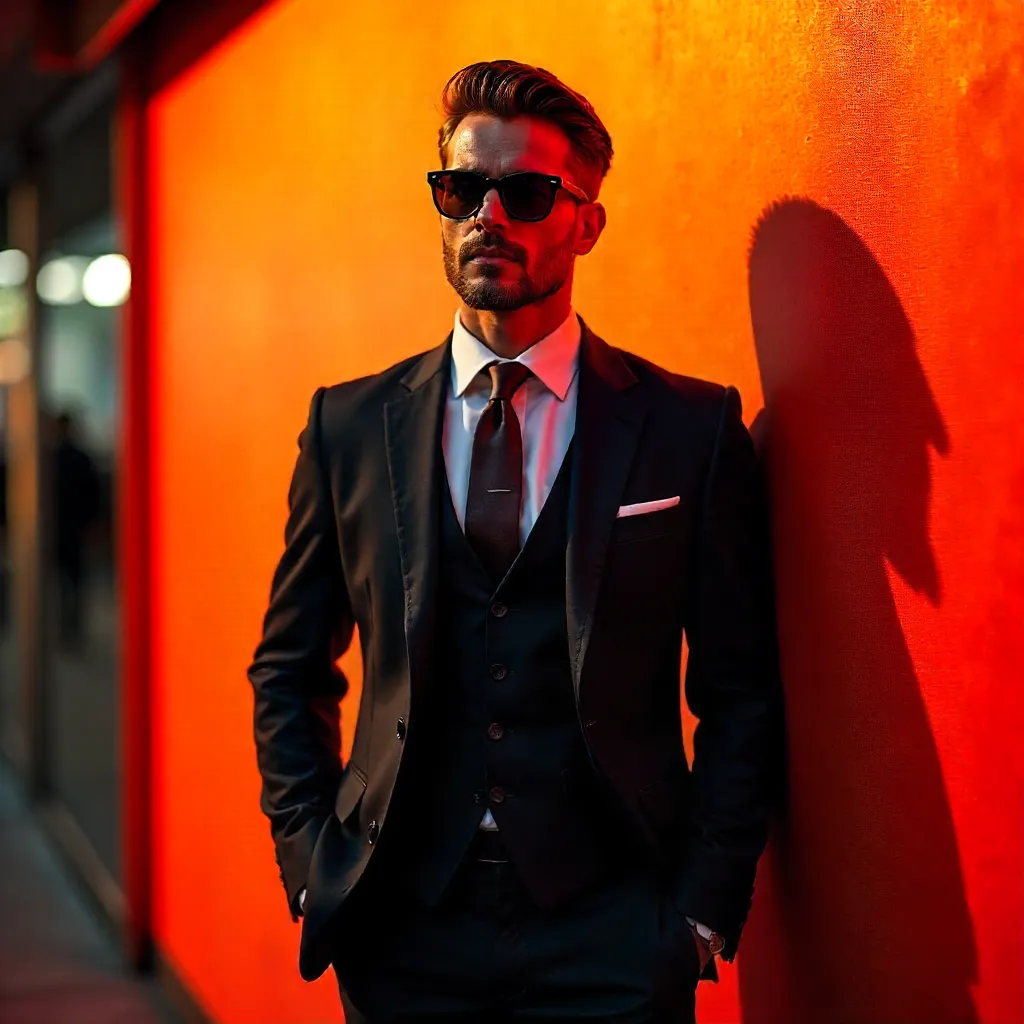 Stylish Man in Sunglasses and Tie Before a Vivid Wall
