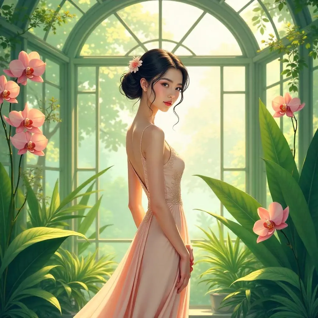 Sunlit Conservatory Portrait of an Elegant Asian Woman