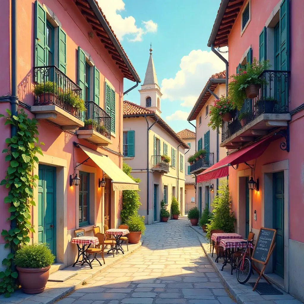 Pastel European Alley: Rustic Charm & Sunlit Cobblestones