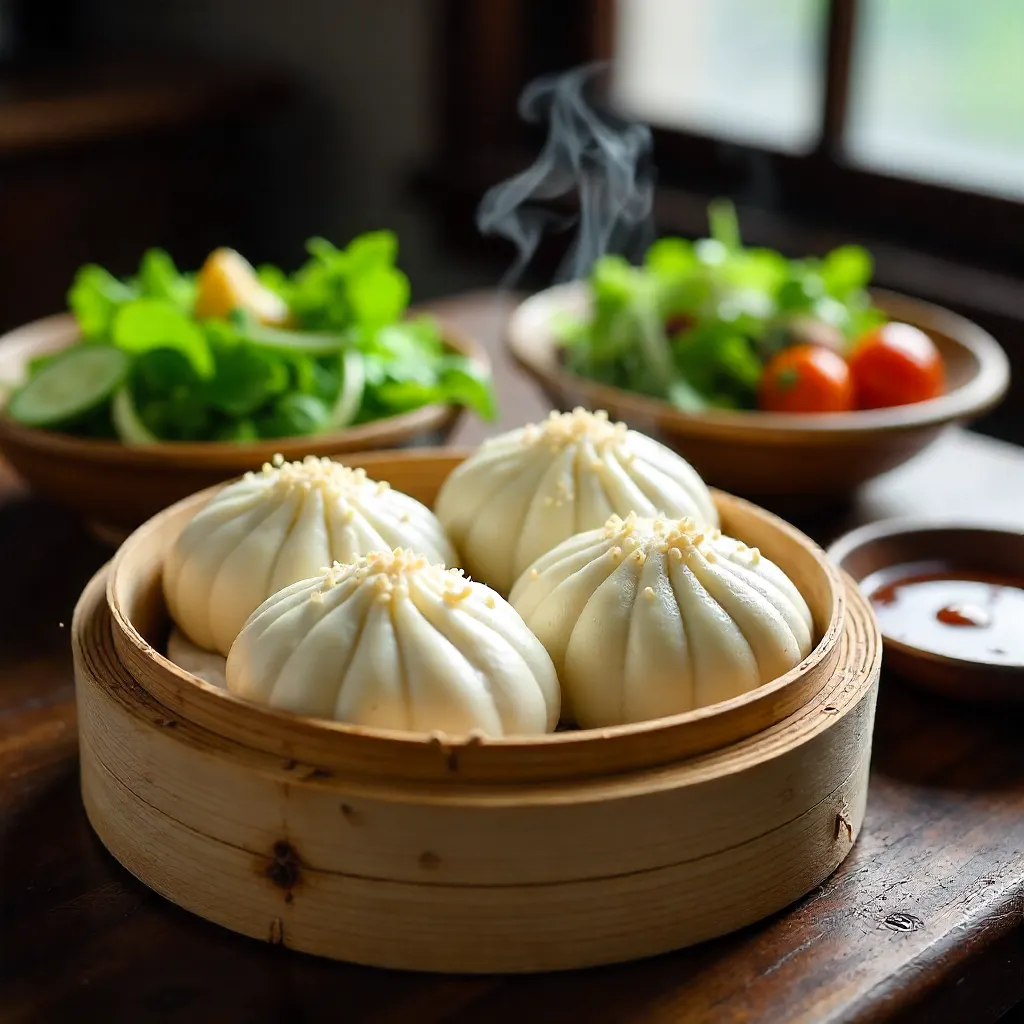 Steamed Buns in Bamboo Steamer with Fresh Greens