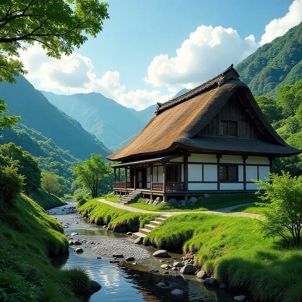 Gassho-Zukuri House in Shirakawa-go Amid Greenery