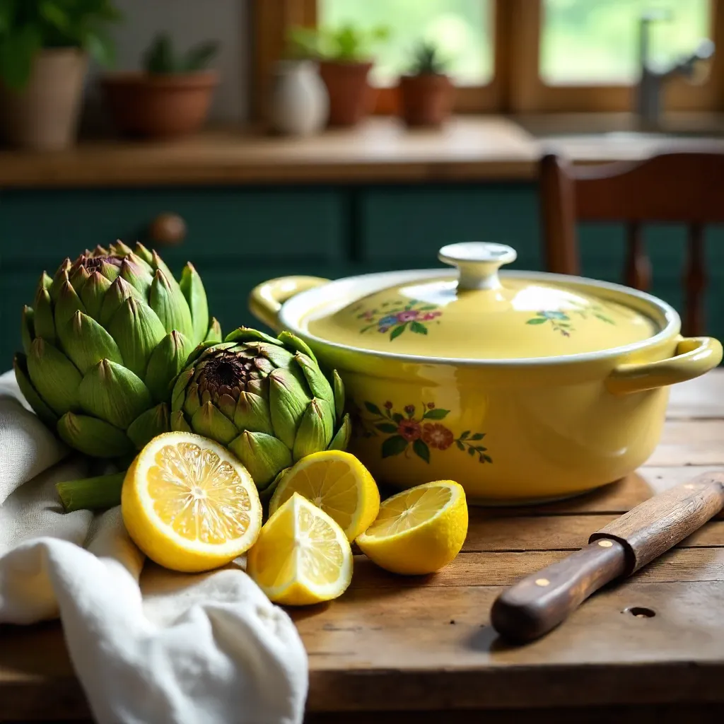 Sunny Rustic Table with Artichokes and Floral Yellow Casserole