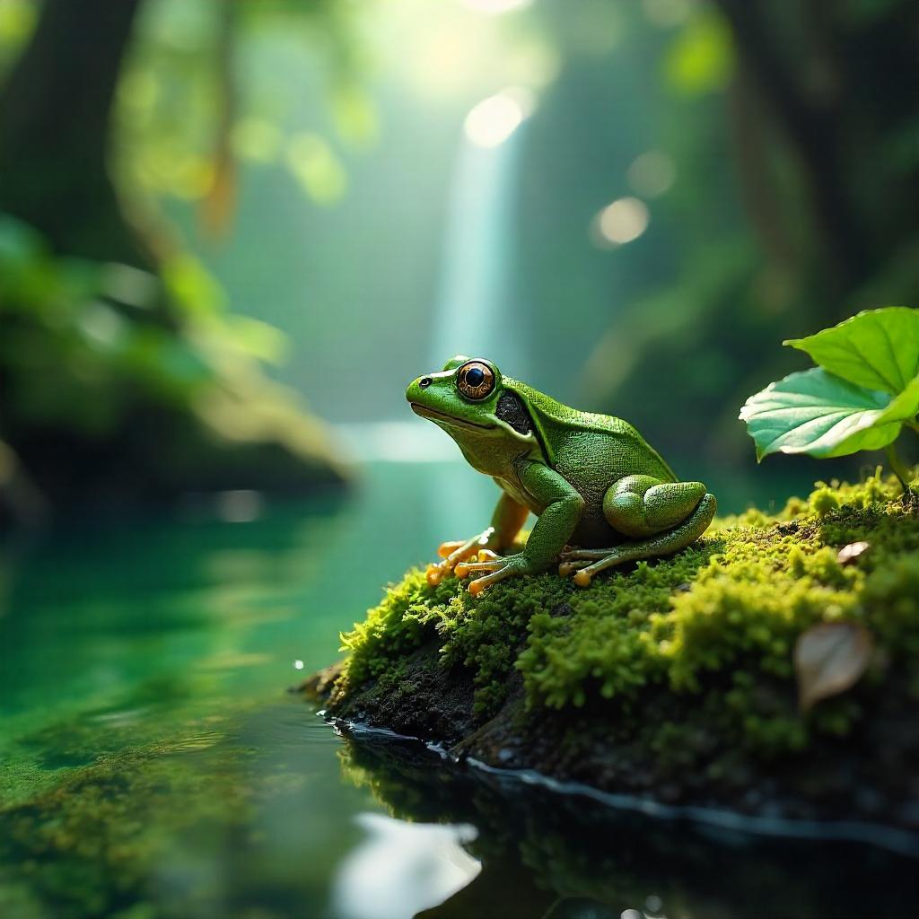 Green frog at a secluded jungle lagoon