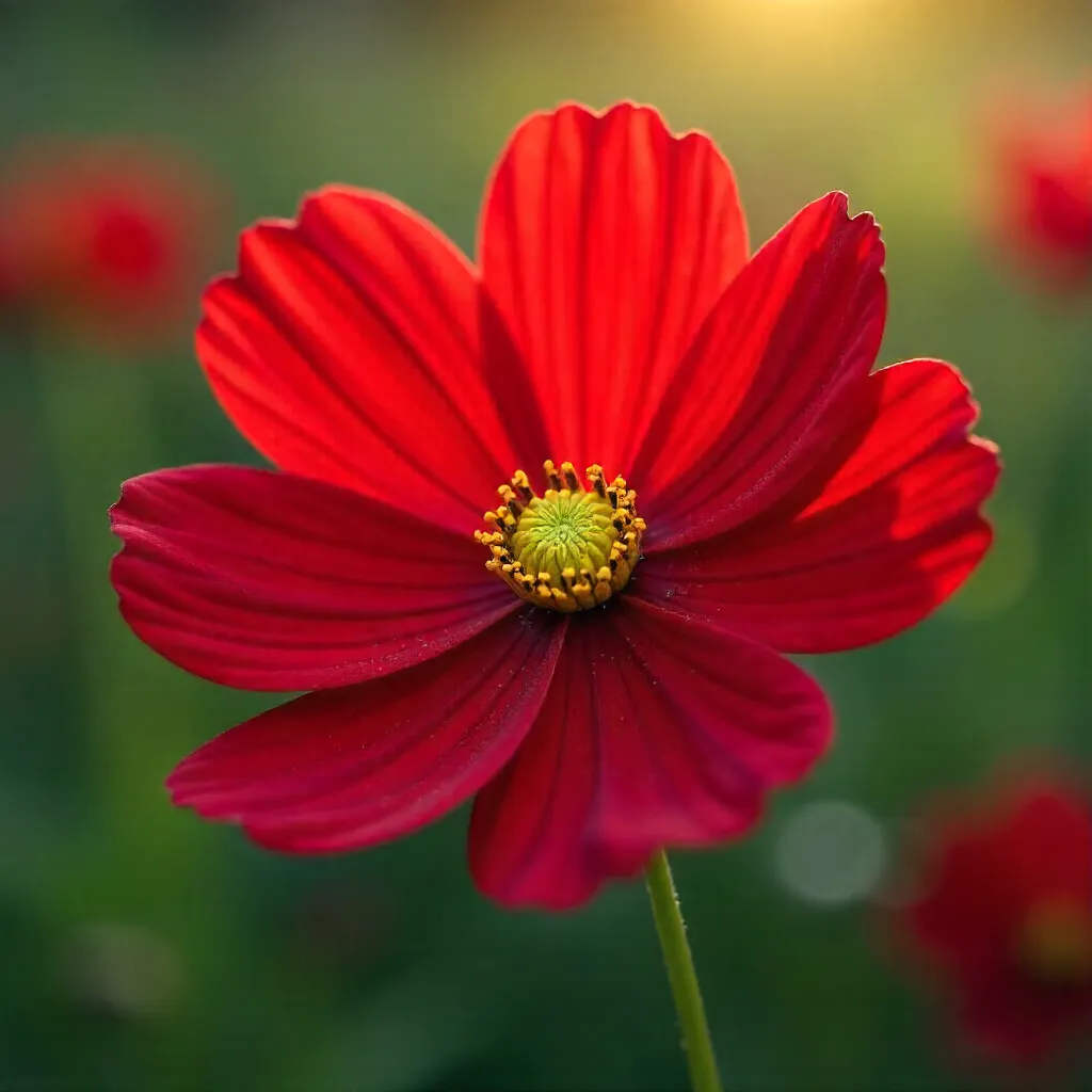 Close-Up Red Cosmos in Full Spring Bloom