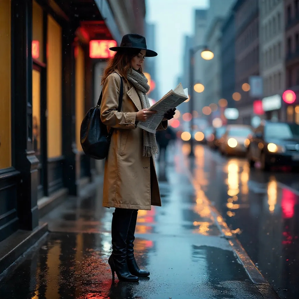 Rainy City Couture: A Woman Reading a Newspaper