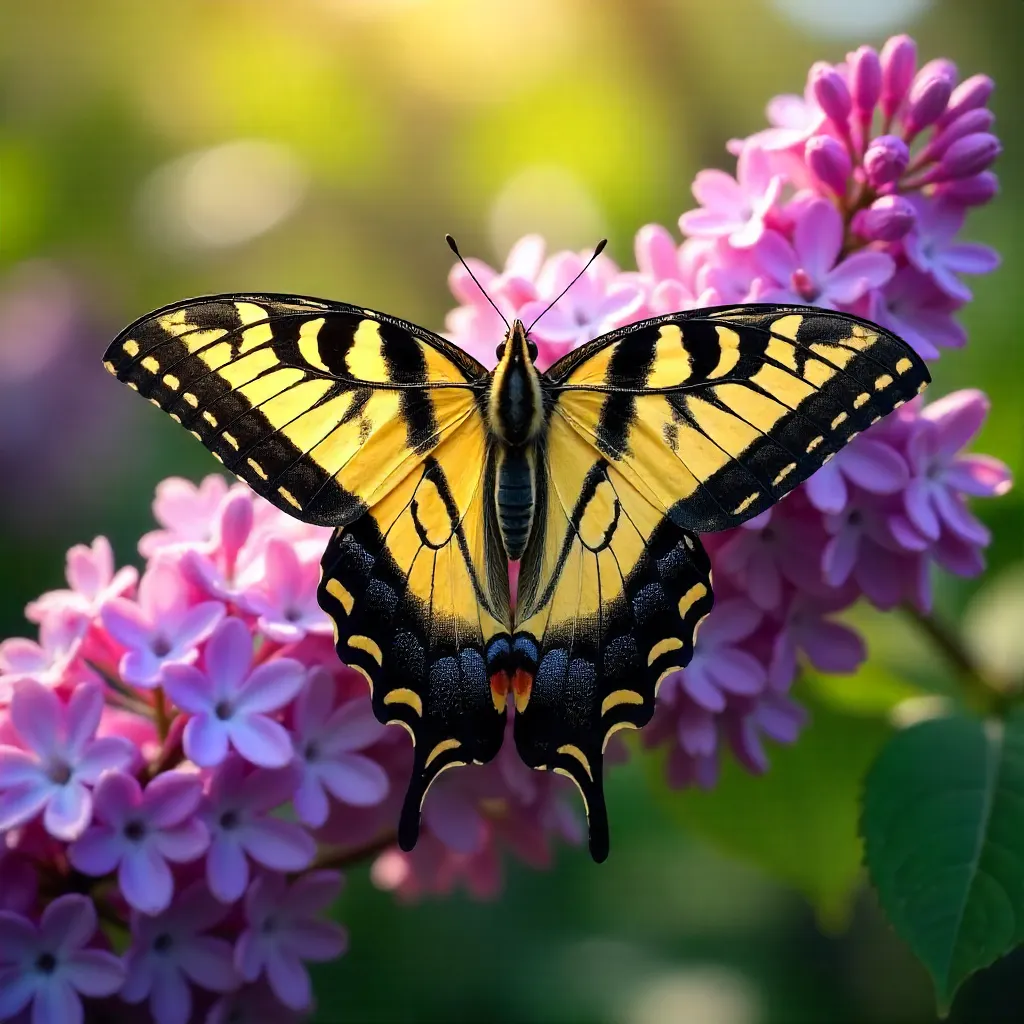 Sunlit Eastern Tiger Swallowtail on Lilac Blossoms