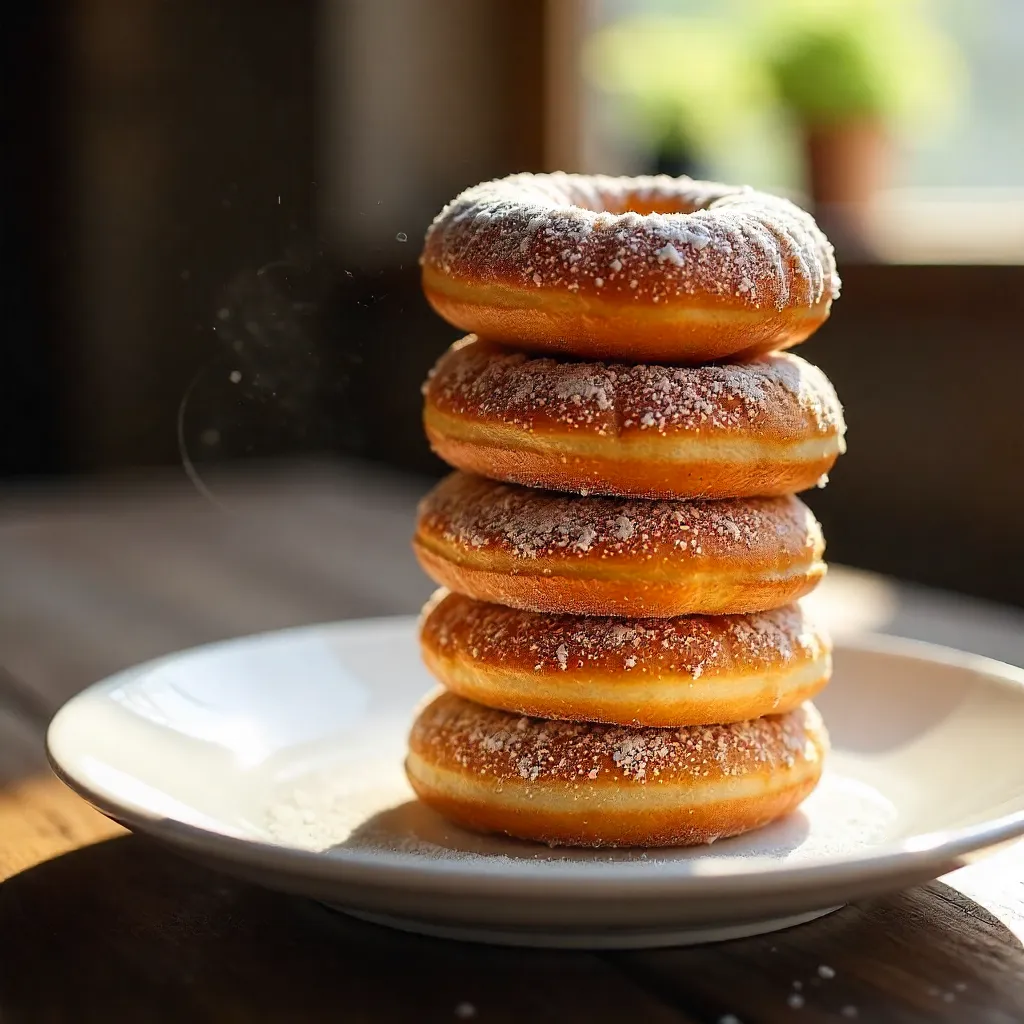 Fluffy Powdered Sugar Donut Stack