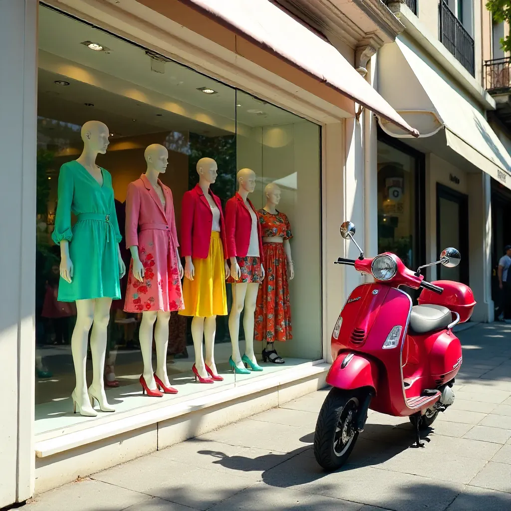 Bright storefront with vibrant clothing and a red scooter