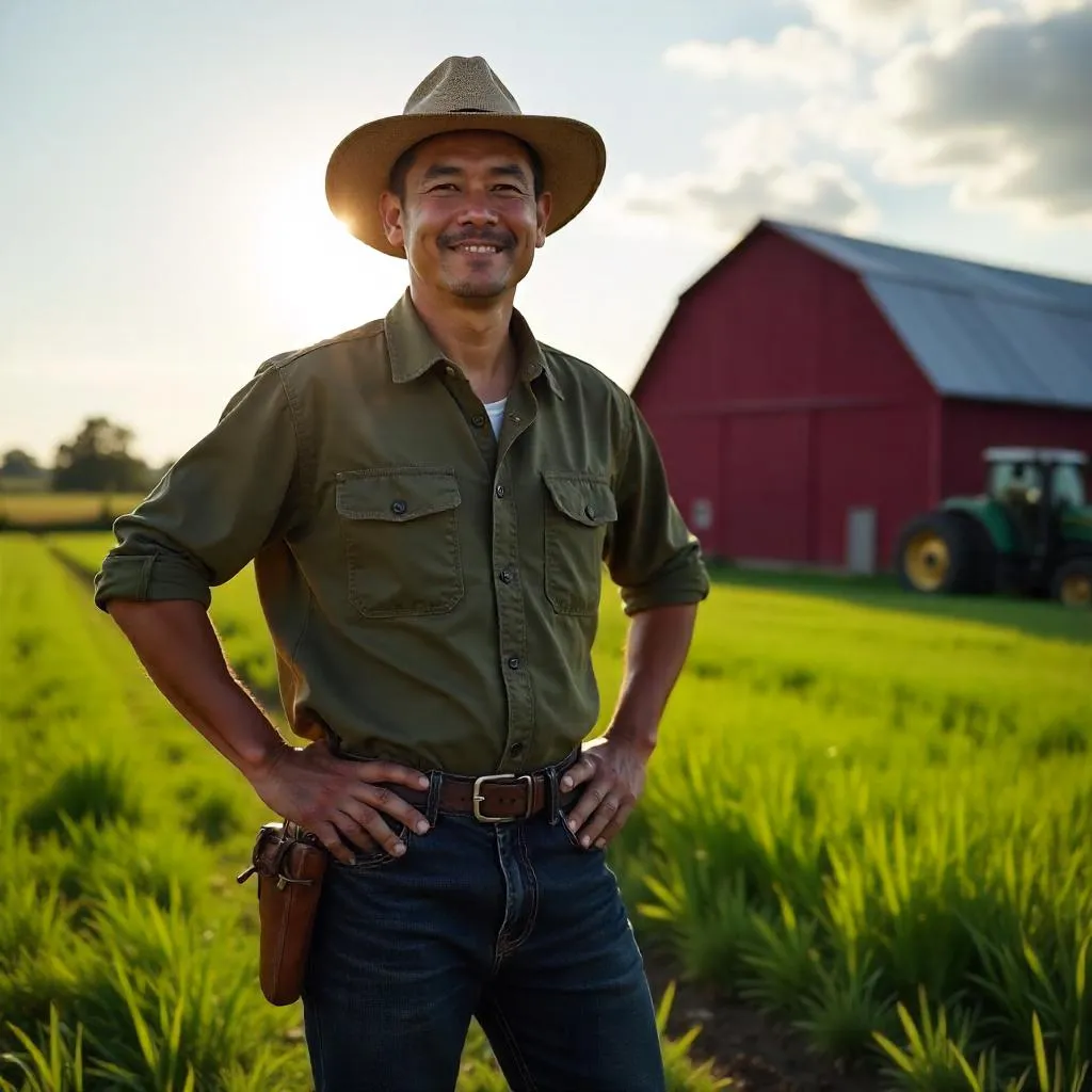 Confident Asian Farmer on a Rustic Farm