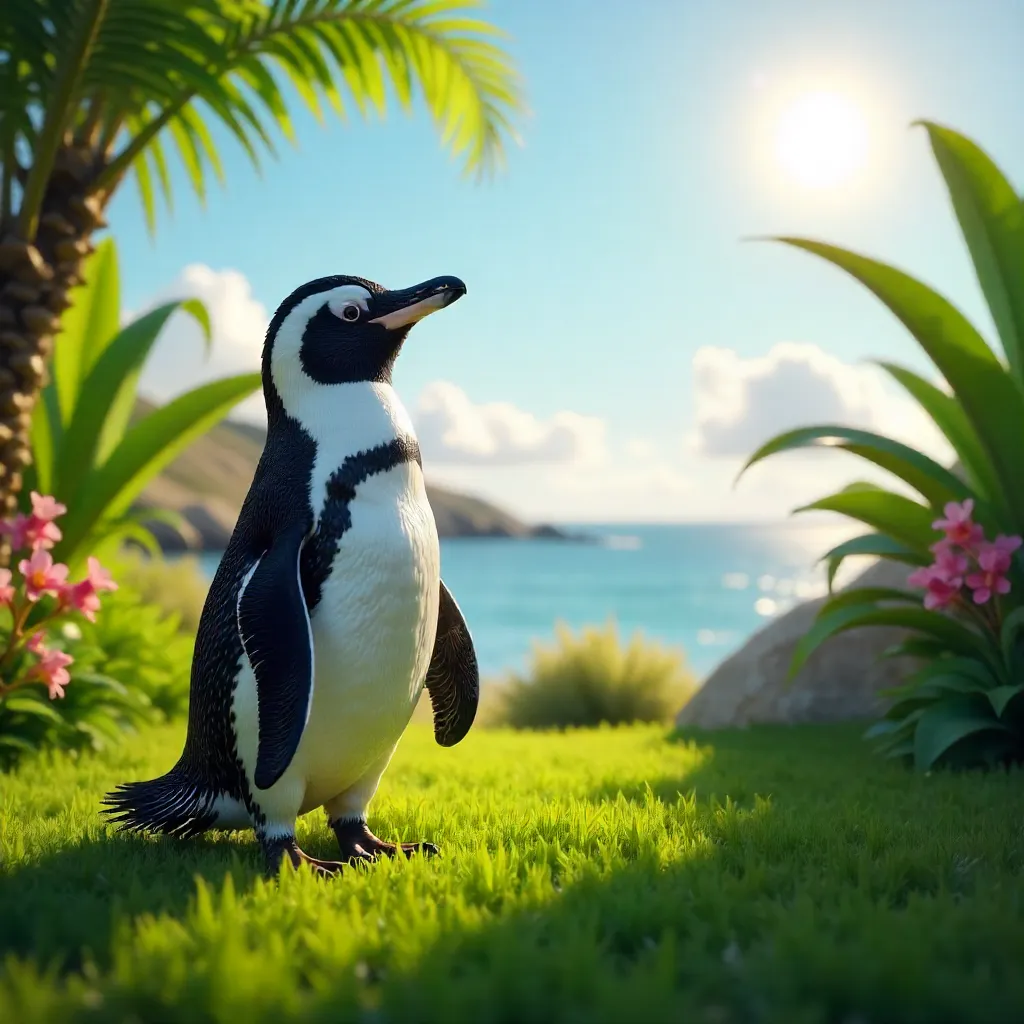 Sunlit Humboldt Penguin in a Lush Green Haven