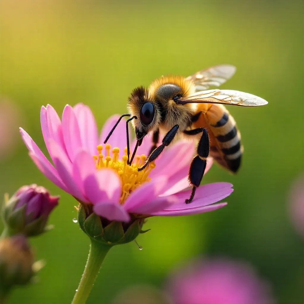 Macro Close-Up: Honeybee Pollinating Pink Wildflower