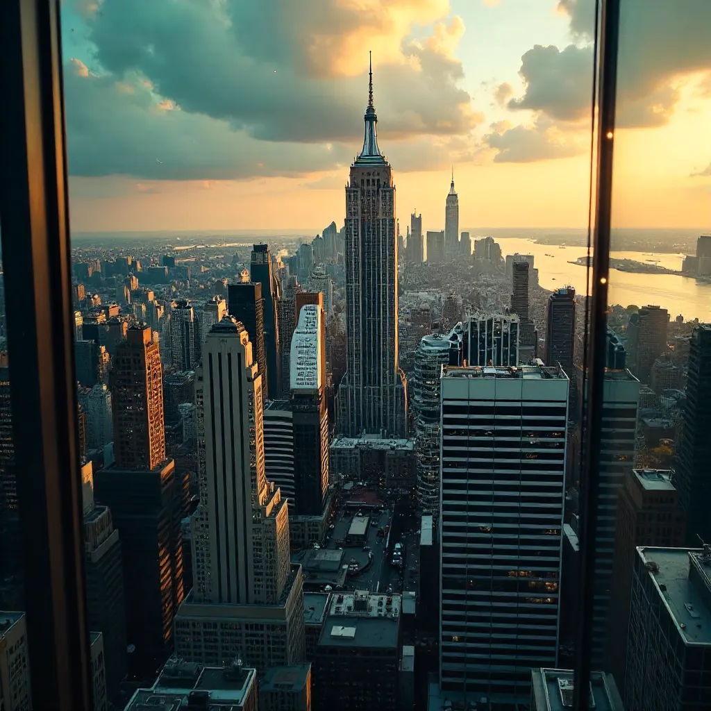 Reflective Glass Aerial View: Empire State and NYC Skyline