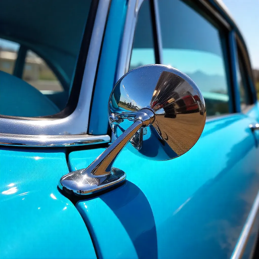 Chrome and Blue: Close-Up of Classic Car Mirror