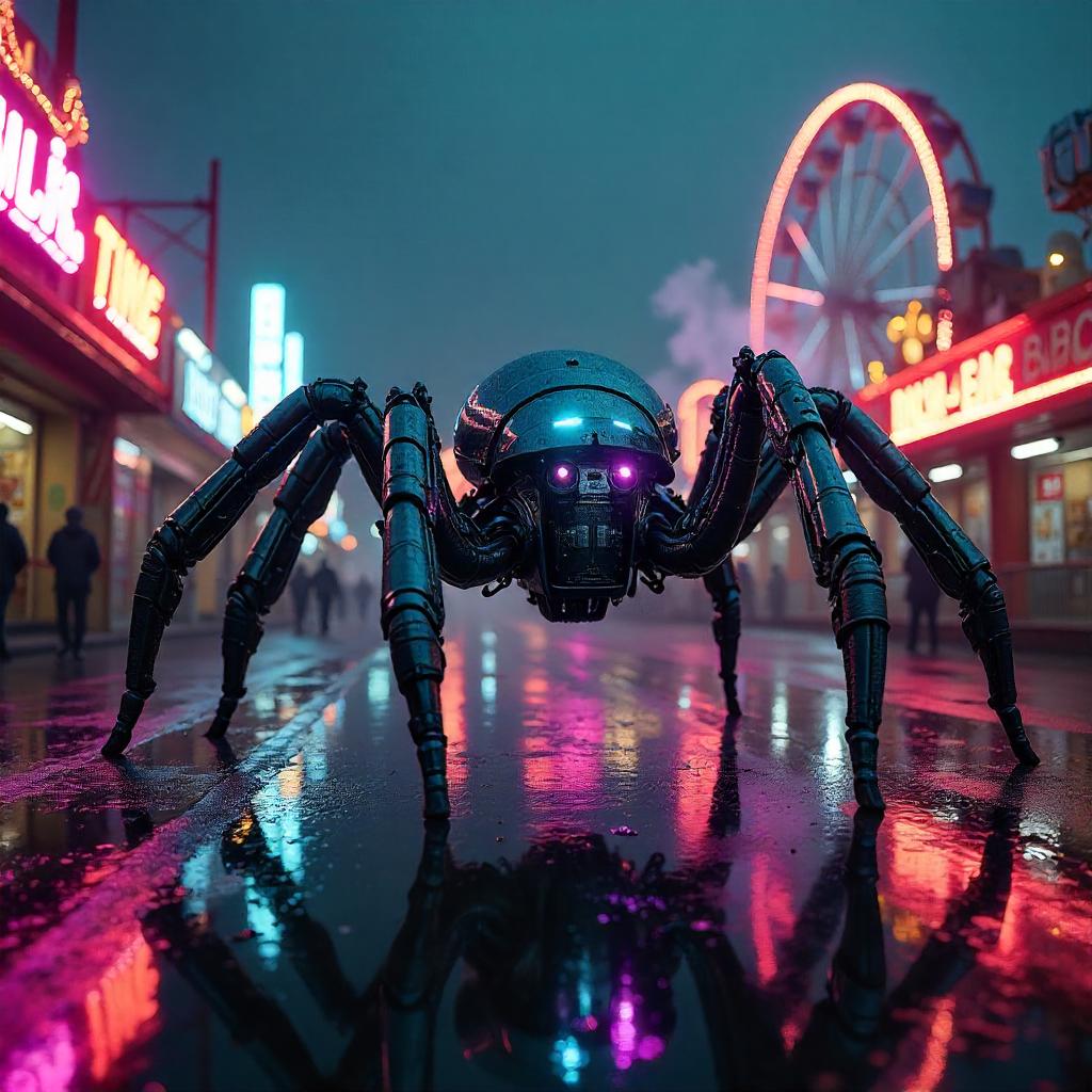 Neon Cyberpunk Spider in a Rainy Amusement Park