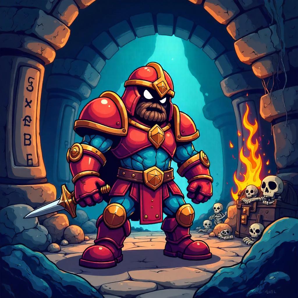 Cartoon Warrior in a Dim Crypt Adventure