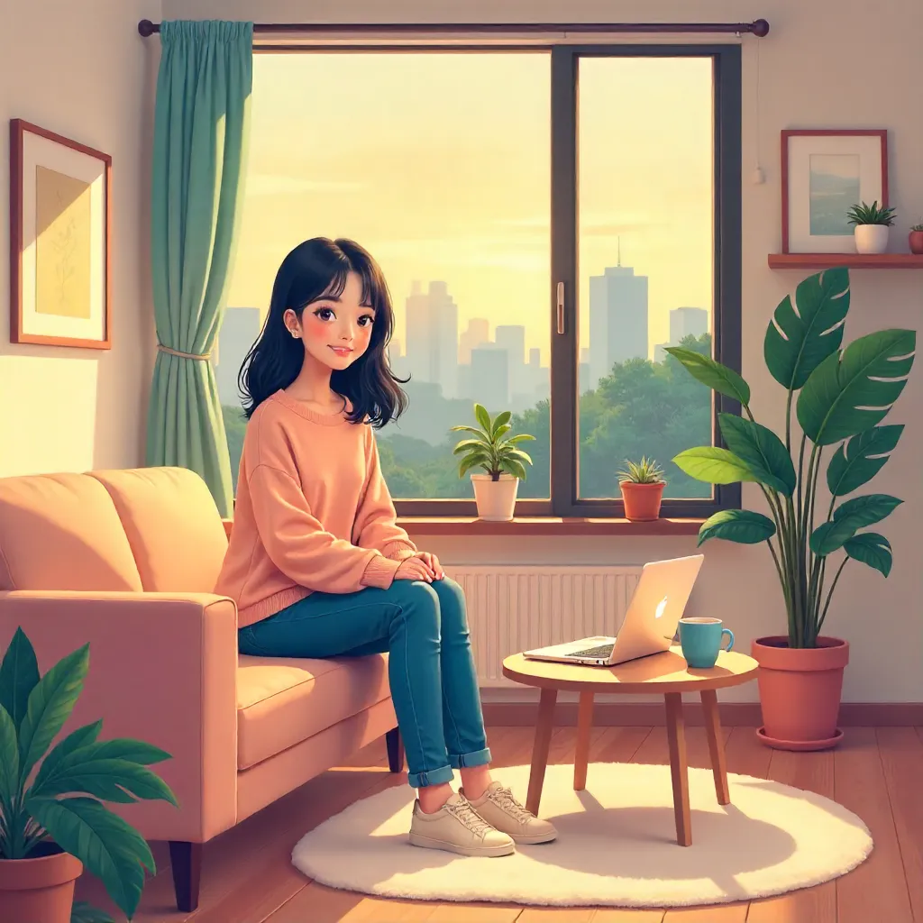 Anime Style: Young Asian Woman in a Cozy Apartment