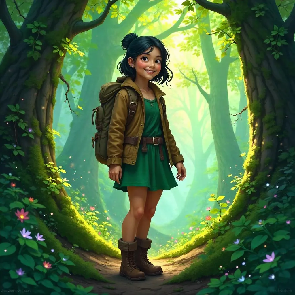 Cheerful Asian Woman in a Lush Forest – Concept Art