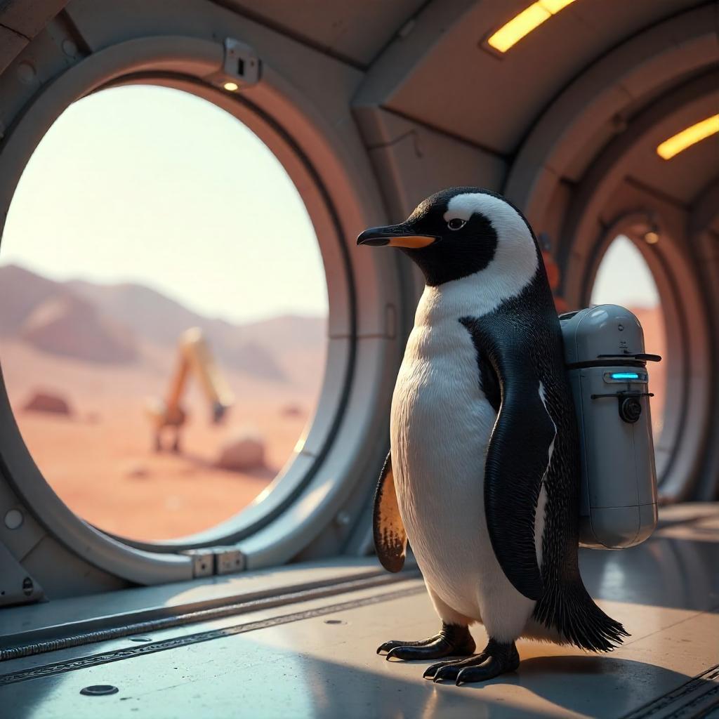 Penguin in a Mars Base: 3D Render