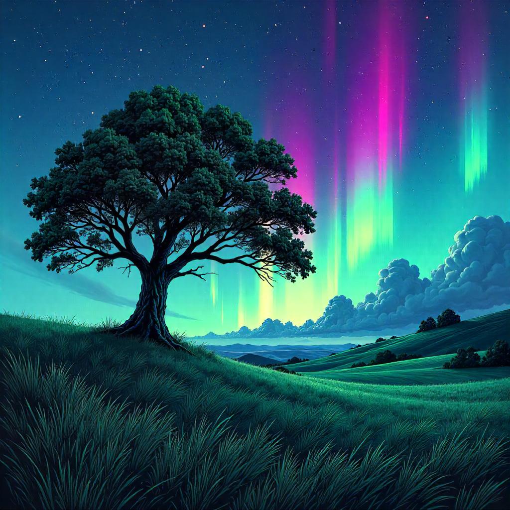 Aurora Fields: A Comic Book Tree Under Northern Lights