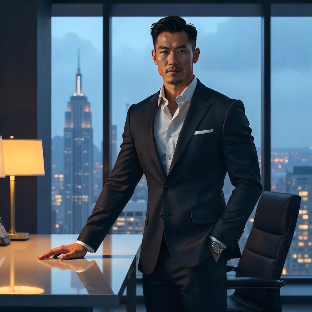 Strong Asian Man in a Modern Office — Digital Art