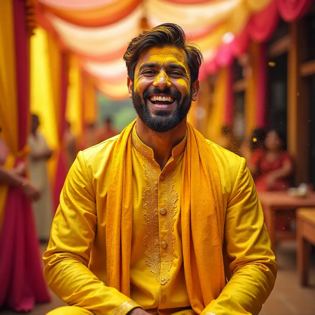 Joyful Haldi Moment: Indian Groom in Saffron Powder