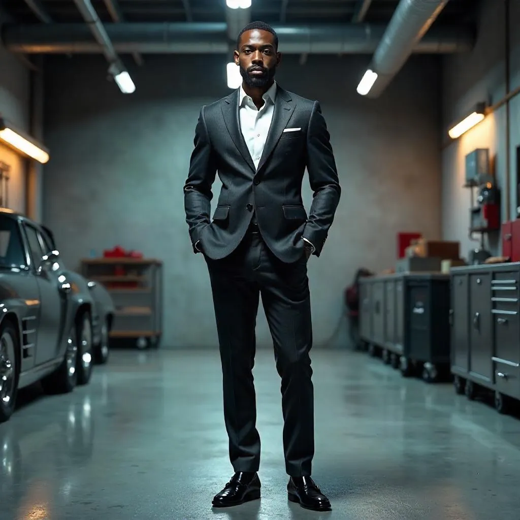 Elegant Black Man in a Modern Garage - 3D Render