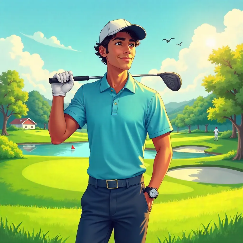 Young Indian Golfer in Anime Style on Golf Course