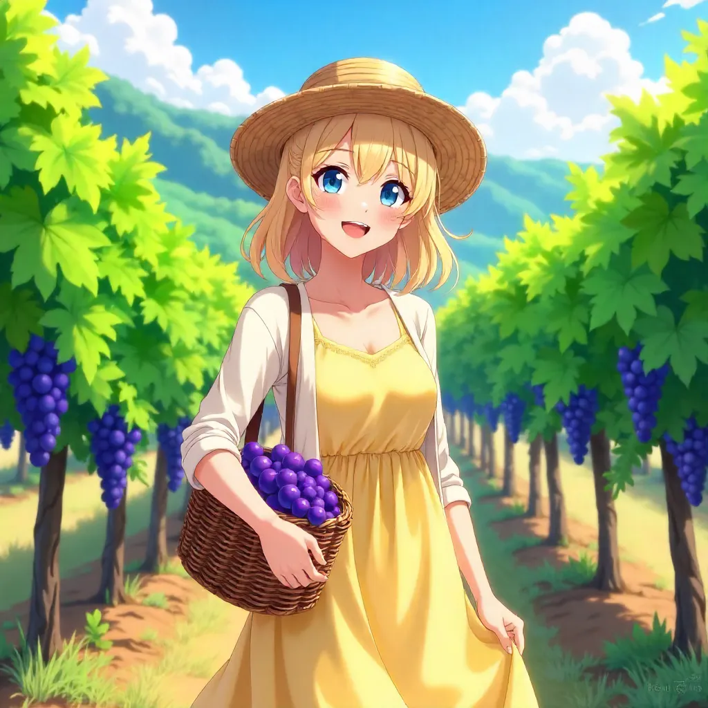 Cheerful Anime Woman in a Sunlit Vineyard
