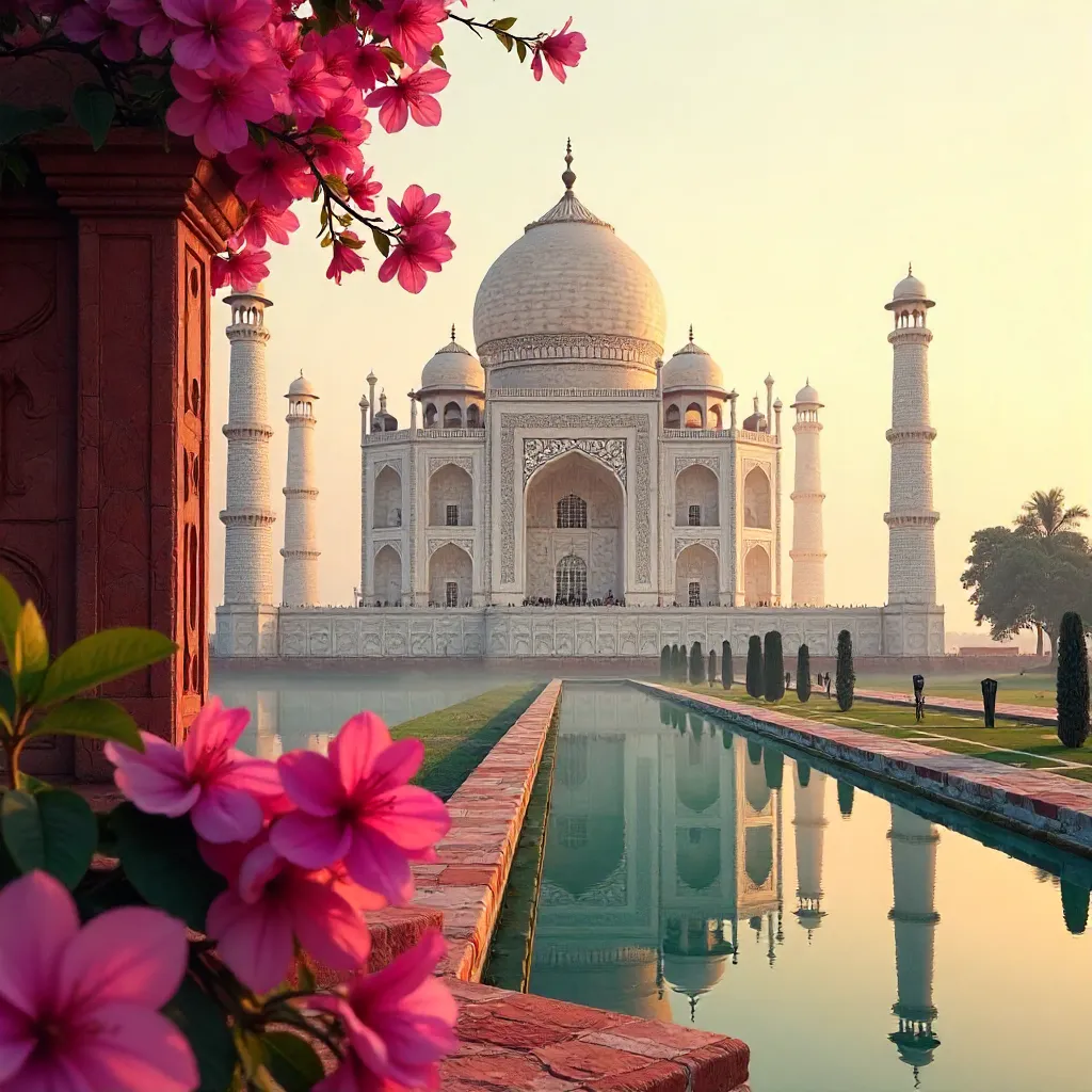 Pink Bougainvillea Framing the Taj Mahal