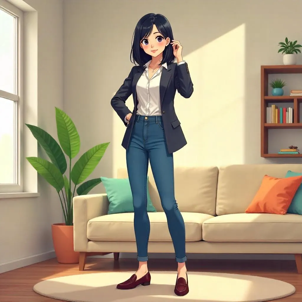 Confident Asian Woman in Anime Style at Home