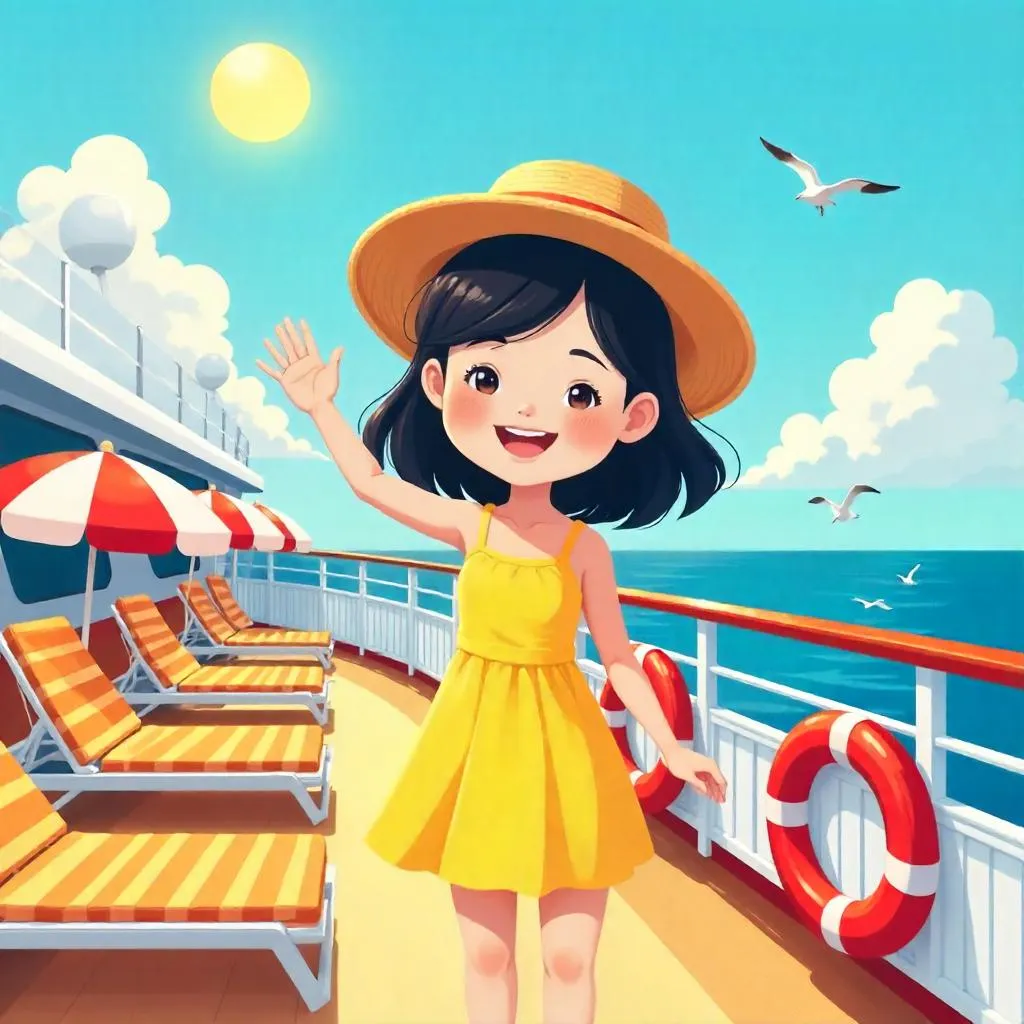 Cheerful Asian Girl on a Sunny Cruise Ship - Cartoon Style