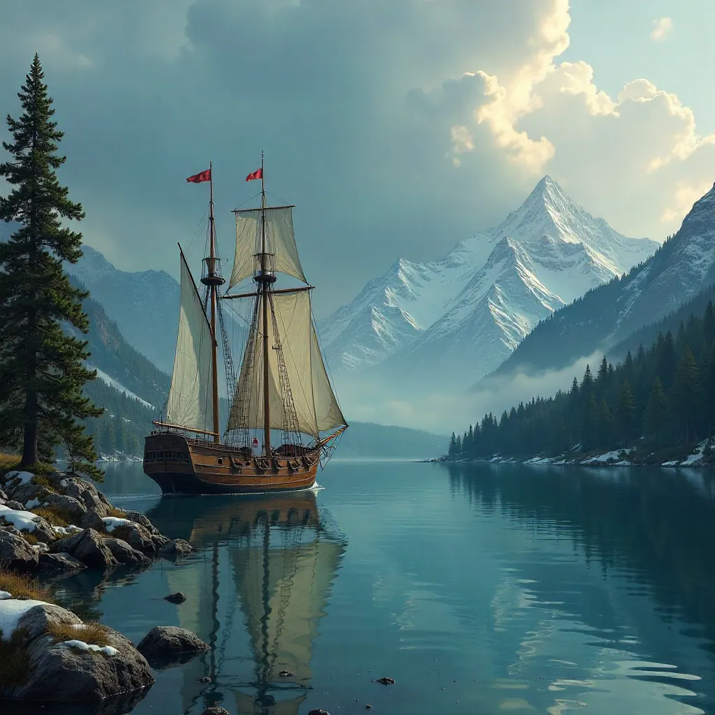 Moody Lake Vista: Sailing Ship Among Trees and Peaks