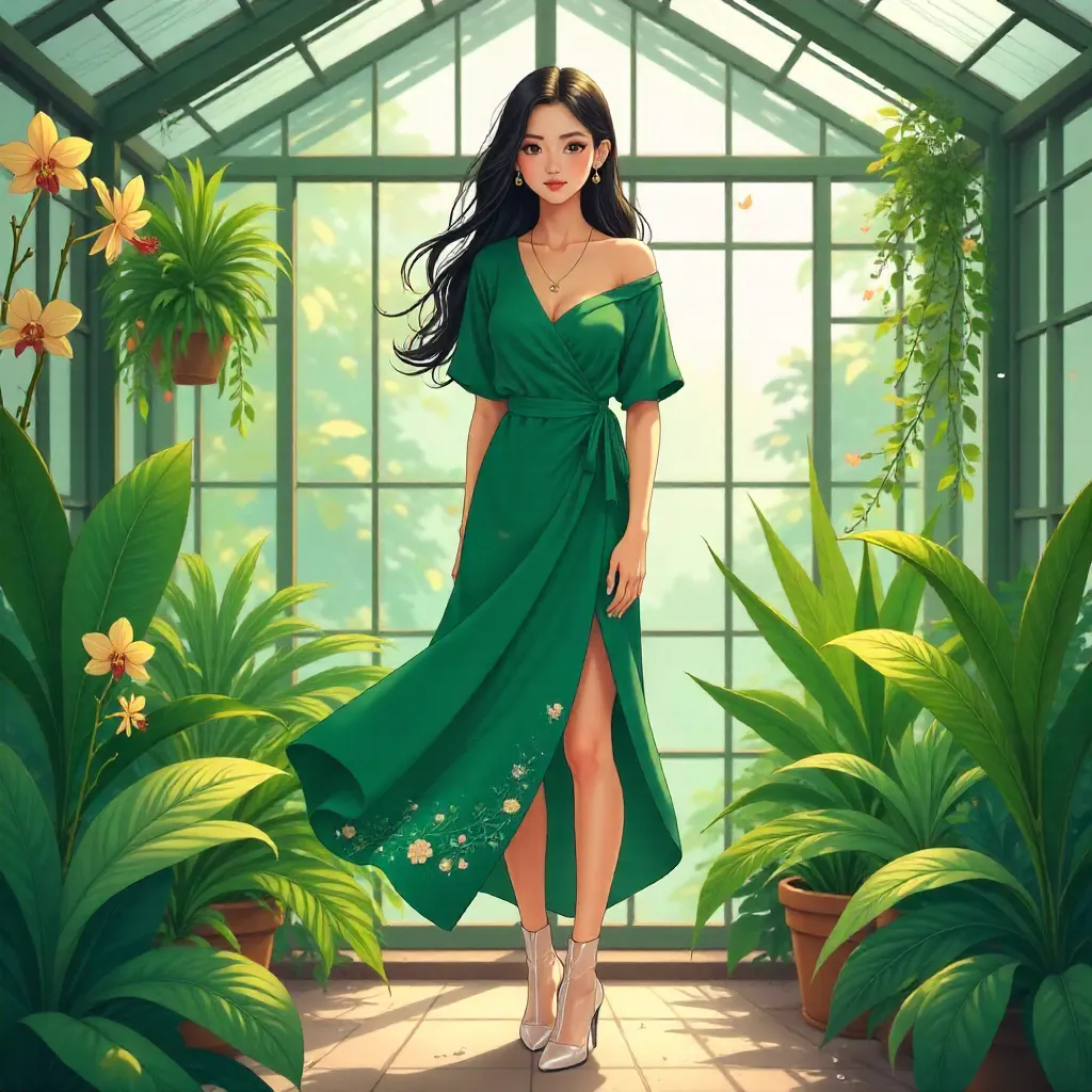 Stylish Asian Anime Girl in a Lush Greenhouse